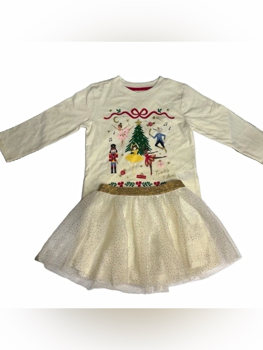 Holiday Time Girls 3T Ivory Gold Christmas Fit & Flare Long Sleeve Graphic Tulle